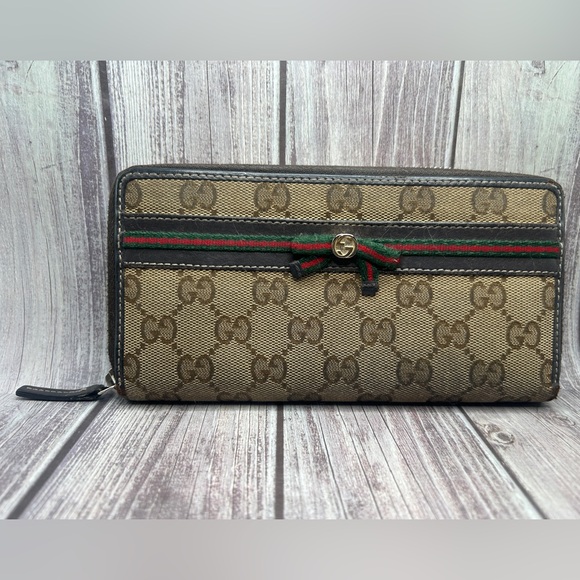 GUCCI Sherry Line GG Canvas & Leather Bow Detail Zip Long Wallet Beige Brown - Picture 2 of 15
